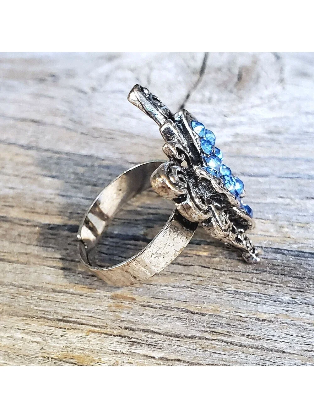 Vintage Y2K 90s Blue Crystal Butterfly Silver Adjustable Cocktail Ring
